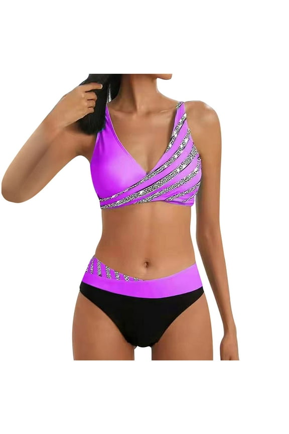 2Pc Bikini Swimsuit Sleeveless Bathing Suit Women's Split Bikini Print Beach Leopard Beachwear Swimwear Tropical Hawaii Hot Spring Beach Dress Purple S