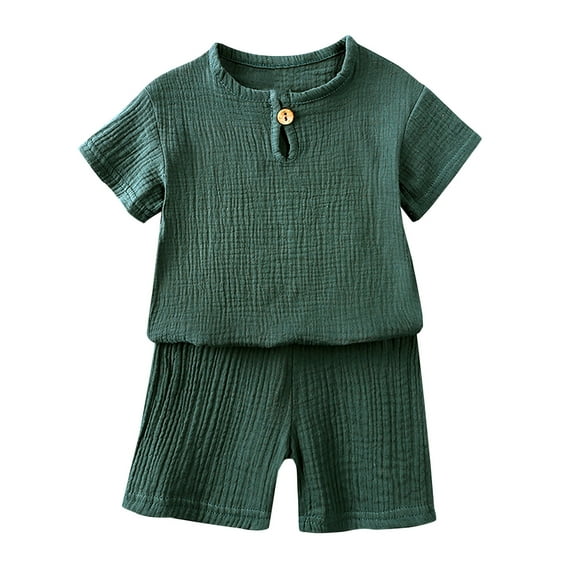 HAPIMO 2pc Outfits Toddler Boy Summer Kids Baby Set Casual Solid Crepe Gauze T-Shirt Short Sleeve Shorts Set Round Neck Lovely Green 90