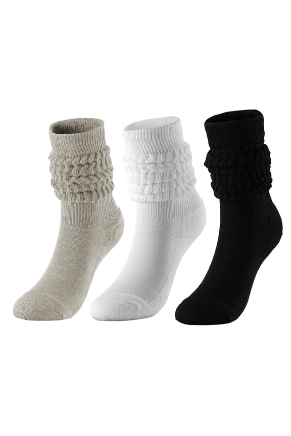 3 Pairs Assorted Colors Slouch Socks for Women Mid Calf Boot Socks Casual Scrunch Crew Sock Soft Stacked Sock Beige Free Size
