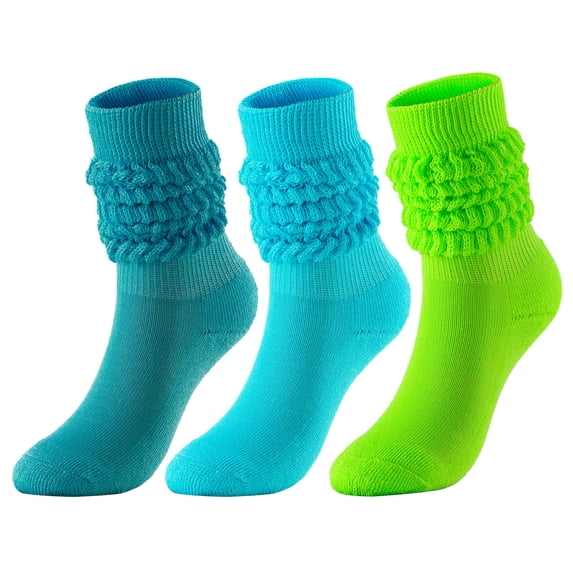 PWPSG 3 Pairs Assorted Colors Slouch Socks for Women Mid Calf Boot Socks Casual Scrunch Crew Sock Soft Stacked Sock Blue Free Size