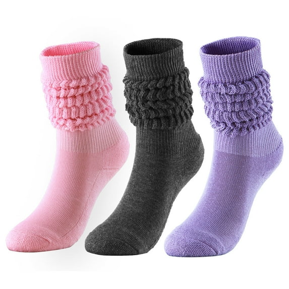 PWPSG 3 Pairs Assorted Colors Slouch Socks for Women Mid Calf Boot Socks Casual Scrunch Crew Sock Soft Stacked Sock Purple Free Size