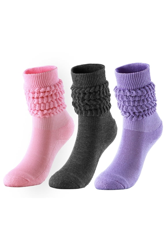 3 Pairs Assorted Colors Slouch Socks for Women Mid Calf Boot Socks Casual Scrunch Crew Sock Soft Stacked Sock Purple Free Size