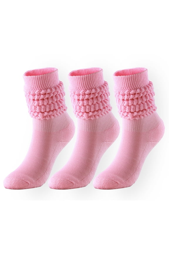 3 Pairs Solid Colors Slouch Socks for Women Mid Calf Boot Socks Casual Scrunch Crew Sock Soft Stacked Sock Pink Free Size