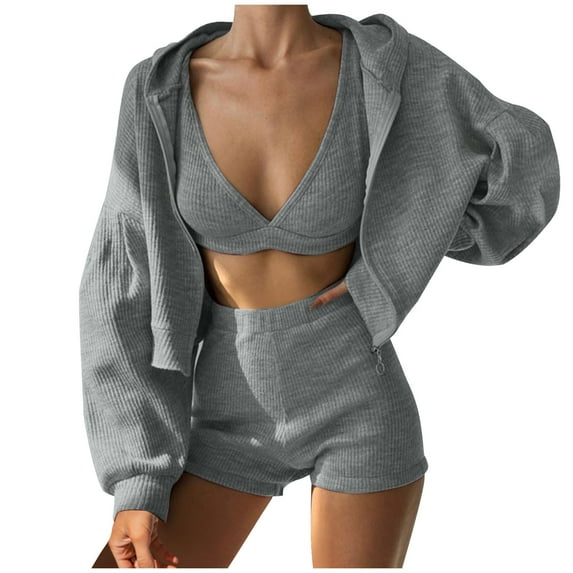 HAPIMO 3 Piece Sets for Women Tracksuit Sets Loungewear and Sporty Outfits Long Sleeve Cropped Hooded Jacket and Shorts Send Bra Gray XXL