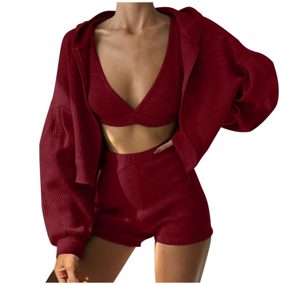 HAPIMO 3 Piece Sets for Women Tracksuit Sets Loungewear and Sporty Outfits Long Sleeve Cropped Hooded Jacket and Shorts Send Bra Red S
