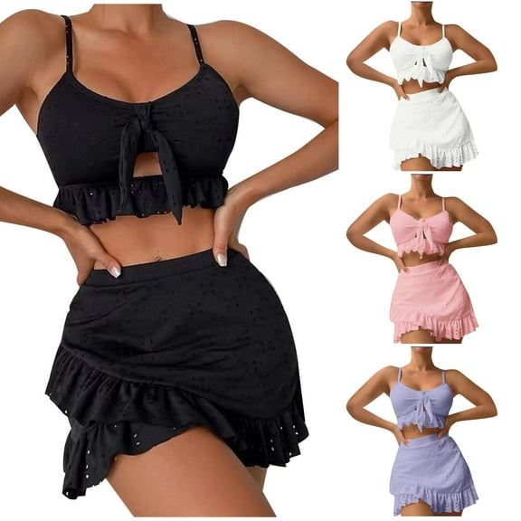 HAPIMO 3Pc Ruffle Bikini Swimsuit Sleeveless Bathing Suit Solid Cutout Beachwear Camisole with Pleated Skirts Swimwear Tropical Hawaii Hot Spring Beach Dress Black L