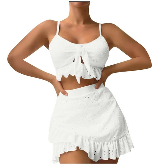 HAPIMO 3Pc Ruffle Bikini Swimsuit Sleeveless Bathing Suit Solid Cutout Beachwear Camisole with Pleated Skirts Swimwear Tropical Hawaii Hot Spring Beach Dress White M
