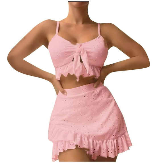 HAPIMO 3Pc Ruffle Bikini Swimsuit Sleeveless Bathing Suit Solid Cutout Beachwear Camisole with Pleated Skirts Swimwear Tropical Hawaii Hot Spring Beach Dress Pink XL