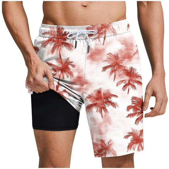 HAPIMO 9" Beach Shorts Men Swim Trunks with Compression Liner Casual Outings Travel Shorts Quick Dry Board Shorts Hawaiian Bathing Mesh Lining Shorts Summer Outdoor Swimsuit Shorts Red XX-Large