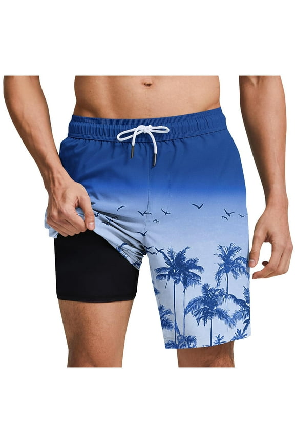 9" Beach Shorts Men Swim Trunks with Compression Liner Summer Outdoor Swimsuit Shorts Quick Dry Board Shorts Hawaiian Bathing Mesh Lining Shorts Casual Outings Travel Shorts Blue Large