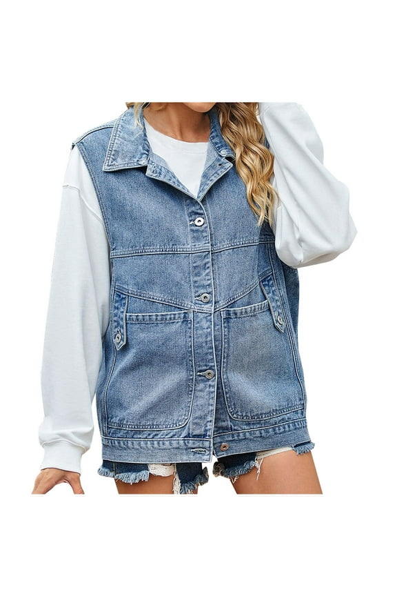 Biker Jean Denim Vest Jacket Street Style for Women Outwear Cloth Turn Down Collar Teen Girls Solid Color Trendy Holiday Casual Relaxed Retro Pocket Sleeveless Blue L