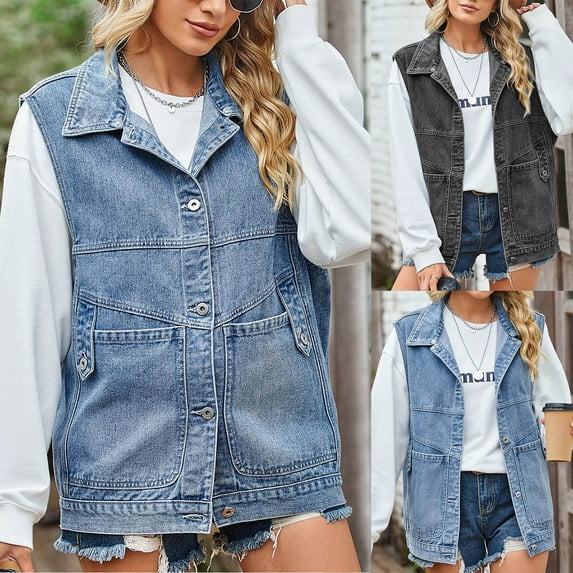 HAPIMO Biker Jean Denim Vest Jacket Street Style for Women Outwear Cloth Turn Down Collar Teen Girls Solid Color Trendy Holiday Casual Relaxed Retro Pocket Sleeveless Black S