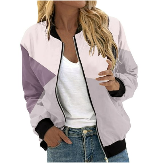HAPIMO Flight Jackets for Women Trendy Full Zip Up Coats Fall Fashion Color Block Long Sleeve Outerwear with Pockets Pink M