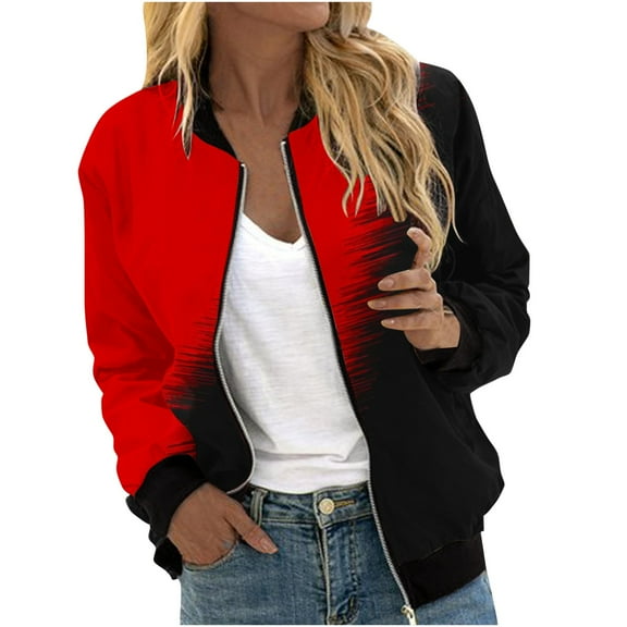 HAPIMO Flight Jackets for Women Trendy Full Zip Up Coats Fall Fashion Color Block Long Sleeve Outerwear with Pockets Red S