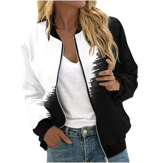HAPIMO Flight Jackets for Women Trendy Full Zip Up Coats Fall Fashion Color Block Long Sleeve Outerwear with Pockets White XL
