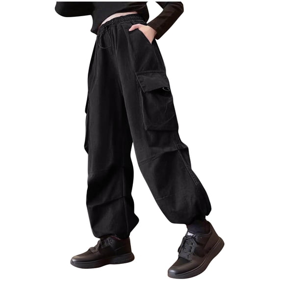 HAPIMO Boys And Girls Kids Multi Pocket Elastic Cuffed Cargo Pants Elastic Waist Trousers for Street Style Black 5 Years