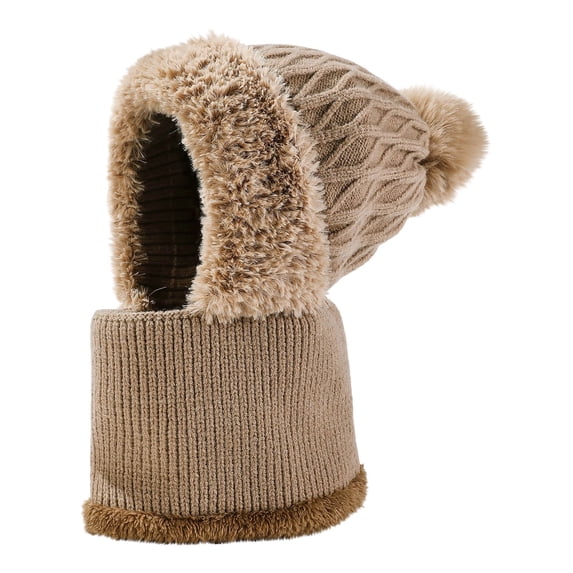 HAPIMO Cable Knit Plush Neck Warmer Integrated Hat Pom Pom Decorated Hat for Winter Daily Wear Khaki