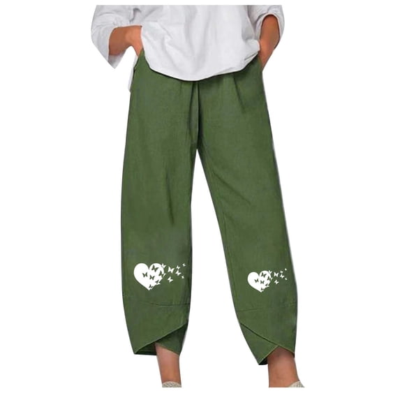 HAPIMO Capri Cotton Linen Pants Petal Tube for Women Retro Heart Shape Elastic Waist Trousers Leisure Relaxed Daily Trendy Clothes Green M