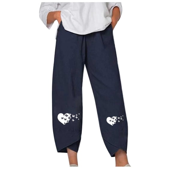 HAPIMO Capri Cotton Linen Pants Petal Tube for Women Retro Heart Shape Elastic Waist Trousers Leisure Relaxed Daily Trendy Clothes Navy S