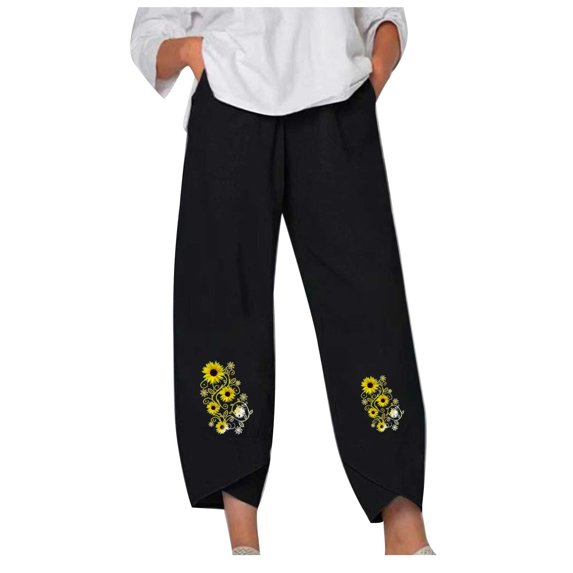 HAPIMO Capri Cotton Linen Pants Petal Tube for Women Retro Sunflower Trousers Trendy Clothes Elastic Waist Leisure Relaxed Daily Black M
