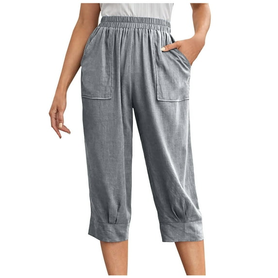 HAPIMO Capri Cotton Linen Pants Pocket for Women Trendy Clothes Solid Color Leisure Relaxed Workout Elastic Waist Retro Trousers Gray XXL