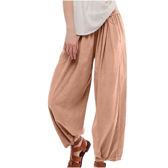 HAPIMO Capris Cotton Linen Pants Petal Tube for Women Leisure Relaxed Daily Floral Print Trousers Trendy Clothes Elastic Waist Retro Gold XXL
