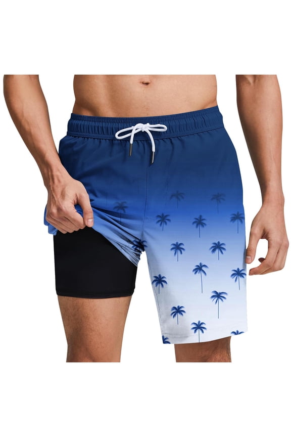 Casual Outings Travel Shorts 9" Beach Shorts Men Swim Trunks with Compression Liner Summer Outdoor Swimsuit Shorts Hawaiian Bathing Mesh Lining Shorts Quick Dry Board Shorts Blue Large