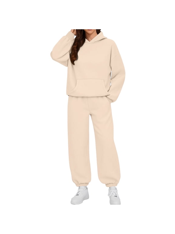 Casual Sweatsuits for Women Fashion Sweatshirt 2 Piece Set Long Sleeve Hooded Sweatshirts and Elastic Waist Jogger Pants Beige L