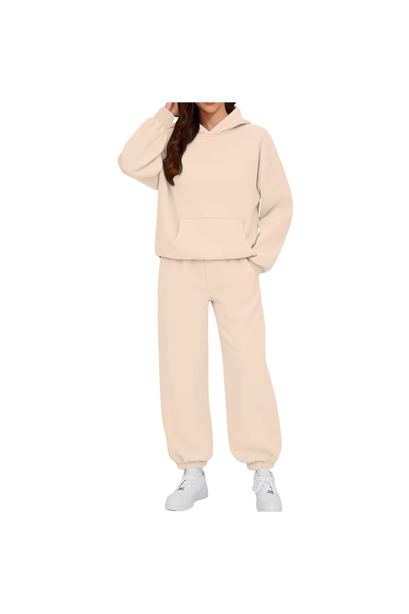 Casual Sweatsuits for Women Fashion Sweatshirt 2 Piece Set Long Sleeve Hooded Sweatshirts and Elastic Waist Jogger Pants Beige L