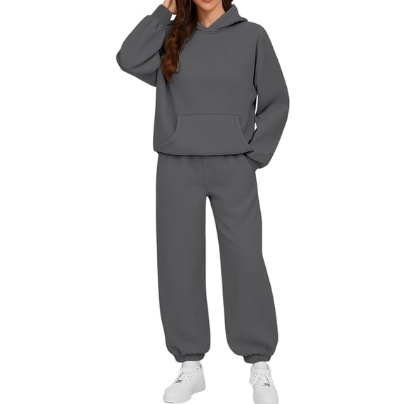 HAPIMO Casual Sweatsuits for Women Fashion Sweatshirt 2 Piece Set Long Sleeve Hooded Sweatshirts and Elastic Waist Jogger Pants Dark Gray S