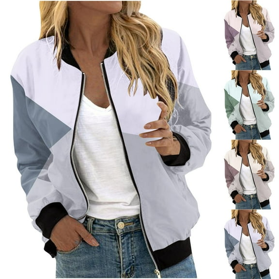 HAPIMO Flight Jackets for Women Trendy Full Zip Up Coats Fall Fashion Color Block Long Sleeve Outerwear with Pockets Beige L