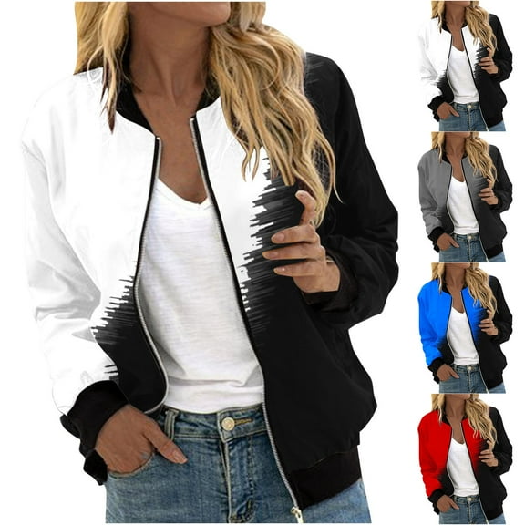 HAPIMO Flight Jackets for Women Trendy Full Zip Up Coats Fall Fashion Color Block Long Sleeve Outerwear with Pockets Blue L