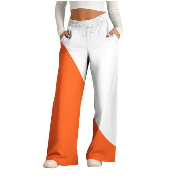 HAPIMO Color Block Patchwork Palazzo Pants Loose Pants for Women Workout Wide Leg Pants Casual Sweatpants Fashion Drawstring High Waist Trousers Orange M