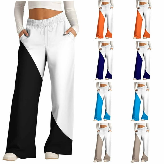 HAPIMO Color Block Patchwork Palazzo Pants Loose Pants for Women Workout Wide Leg Pants Fashion Casual Sweatpants Drawstring High Waist Trousers Black L