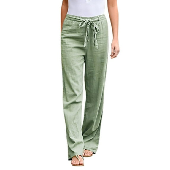 HAPIMO Clearance Cotton Linen Pants for Women Teens Fall Fashion Outfits Elastic Waist Womens Wide Leg Loose Straight Bow Bandage Trousers Casual Comfy Pants Solid Color Green L