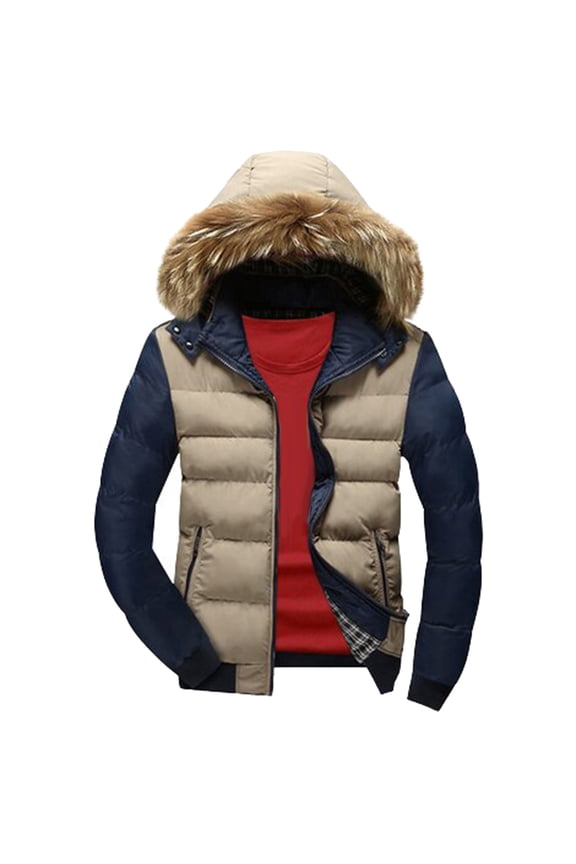 Men's Fashion Puffer Jacket Color Patchwork Zipper Quilted Thickened Multi Pocket Hooded Fall Winter Cotton Jacket with Drawstring Brown XL