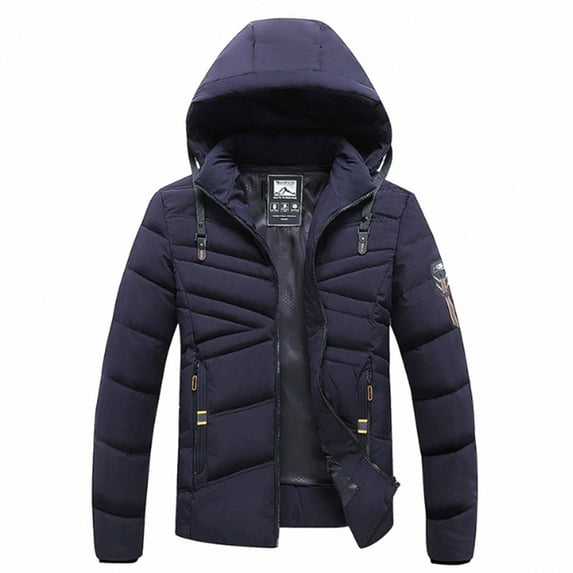 HAPIMO Men's Fashion Puffer Jacket Solid Color Zipper Quilted Thickened Multi Pocket Hooded Fall Winter Cotton Jacket with Drawstring Navy L