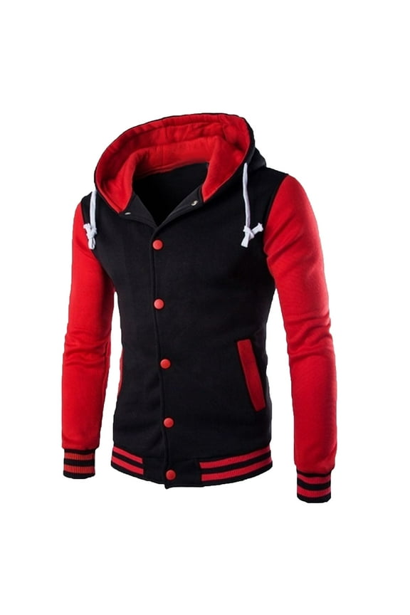 Men's Hooded Jacket Outdoor Button Down Single-breasted Pocket Patchwork Jacket Tooling Baseball Uniform Jacket with Drawstring Red XXL
