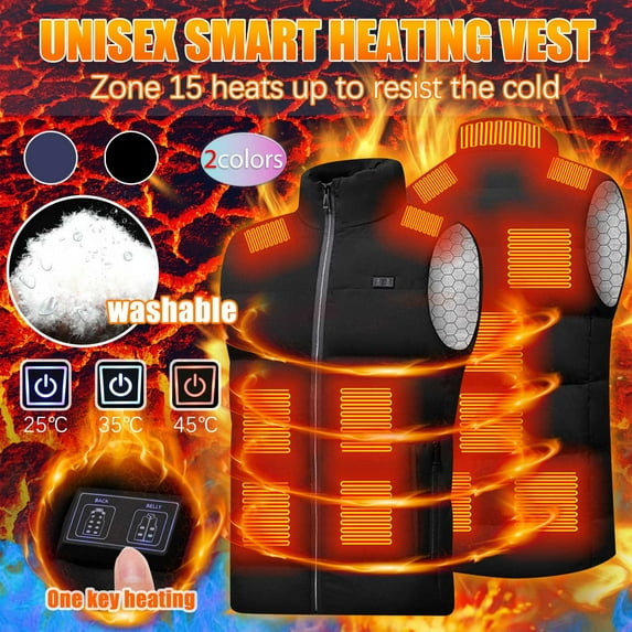 HAPIMO Clearance Unisex Casual Zipper Thickened Jacket Stand Collar Dual Control Thirteen Area Solid Heat Heating Vest USB Charging Sleeveless Fall Winter Puffer Vest Dark Blue M