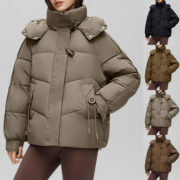 HAPIMO Women Cotton Padded Jacket Winter Thick Hooded Puffer Jackets Casual Streetwear Short Parkas Outwear Pockets Coats Button Black L