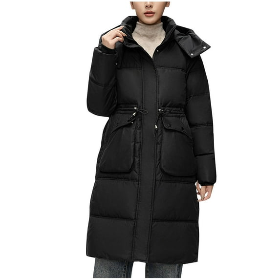 HAPIMO Women Long Quilted Coat Maxi Length Long Sleeve Puffer Jacket Solid Hooded Padded Coats Thick Warm Winter Outerwear Pockets Black XXXL