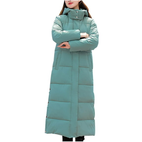 HAPIMO Women Long Quilted Coat Maxi Length Long Sleeve Puffer Jacket Solid Hooded Padded Coats Thick Warm Winter Outerwear Pockets Button Green M