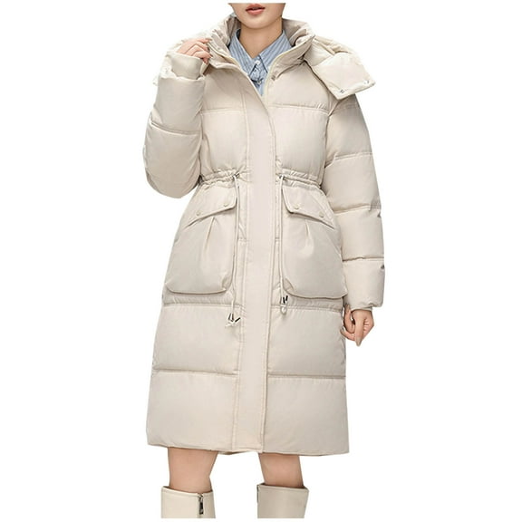 HAPIMO Women Long Quilted Coat Maxi Length Long Sleeve Puffer Jacket Solid Hooded Padded Coats Thick Warm Winter Outerwear Pockets White M