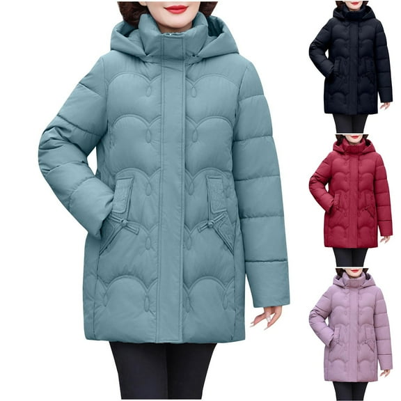 HAPIMO Women Quilted Coat Midi Length Long Sleeve Puffer Jacket Solid Detachable Hooded Padded Coats Thick Warm Winter Outerwear Pockets Button Cotton Black L