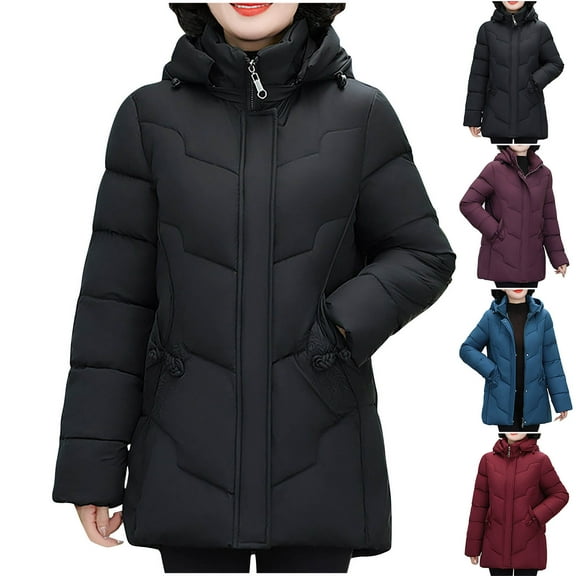 HAPIMO Women Quilted Coat Midi Length Long Sleeve Puffer Jacket Solid Hooded Padded Coats Thick Warm Winter Outerwear Cotton Black XXL