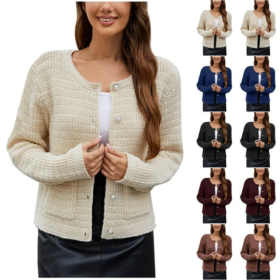 HAPIMO Women'S Knit Cardigan Sweaters Fall Fashion Long Sleeve Open Front Button Trendy Casual Sweater Jacket Coats Beige L