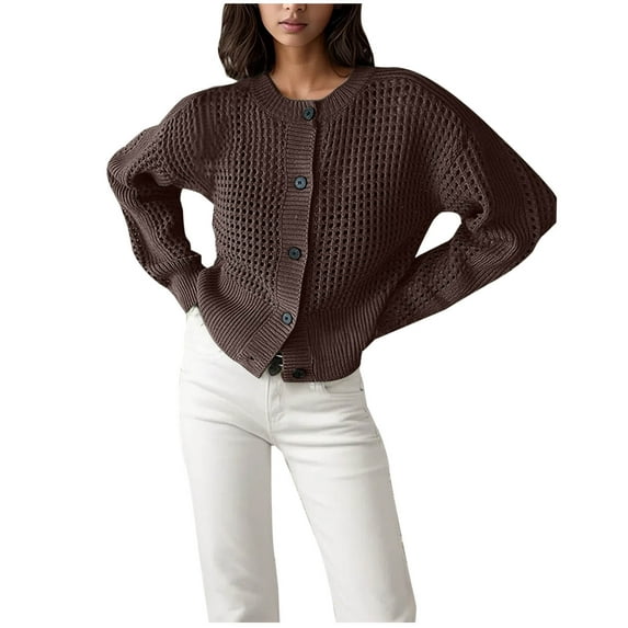 HAPIMO Women'S Knit Cardigan Sweaters Fall Fashion Long Sleeve Open Front Button Trendy Casual Sweater Jacket Coats Brown M