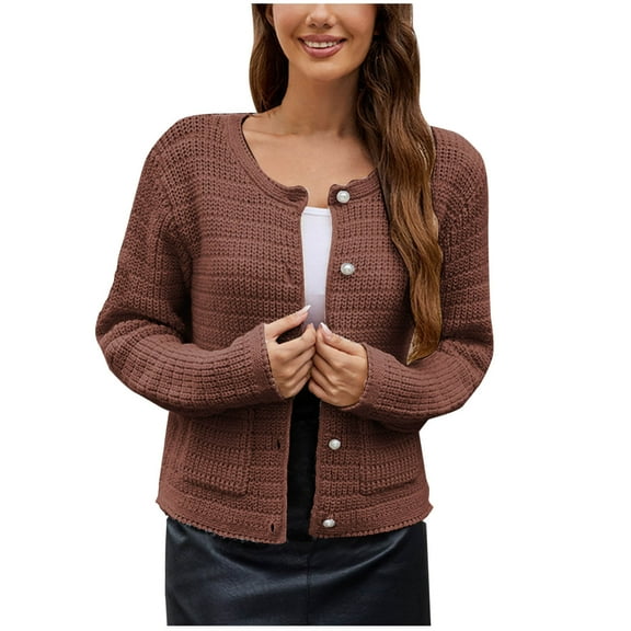 HAPIMO Women'S Knit Cardigan Sweaters Fall Fashion Long Sleeve Open Front Button Trendy Casual Sweater Jacket Coats Brown S