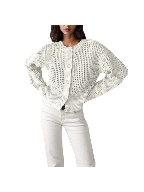 Women'S Knit Cardigan Sweaters Fall Fashion Long Sleeve Open Front Button Trendy Casual Sweater Jacket Coats White L