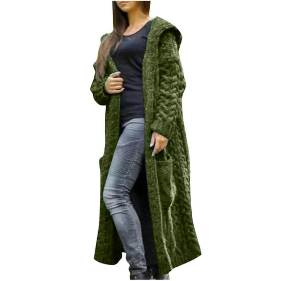 HAPIMO Women'S Midi Knit Cardigan Sweaters Fall Fashion Long Sleeve Open Front Hoodies Trendy Casual Sweater Jacket V Neck Pockets Coats Green XL